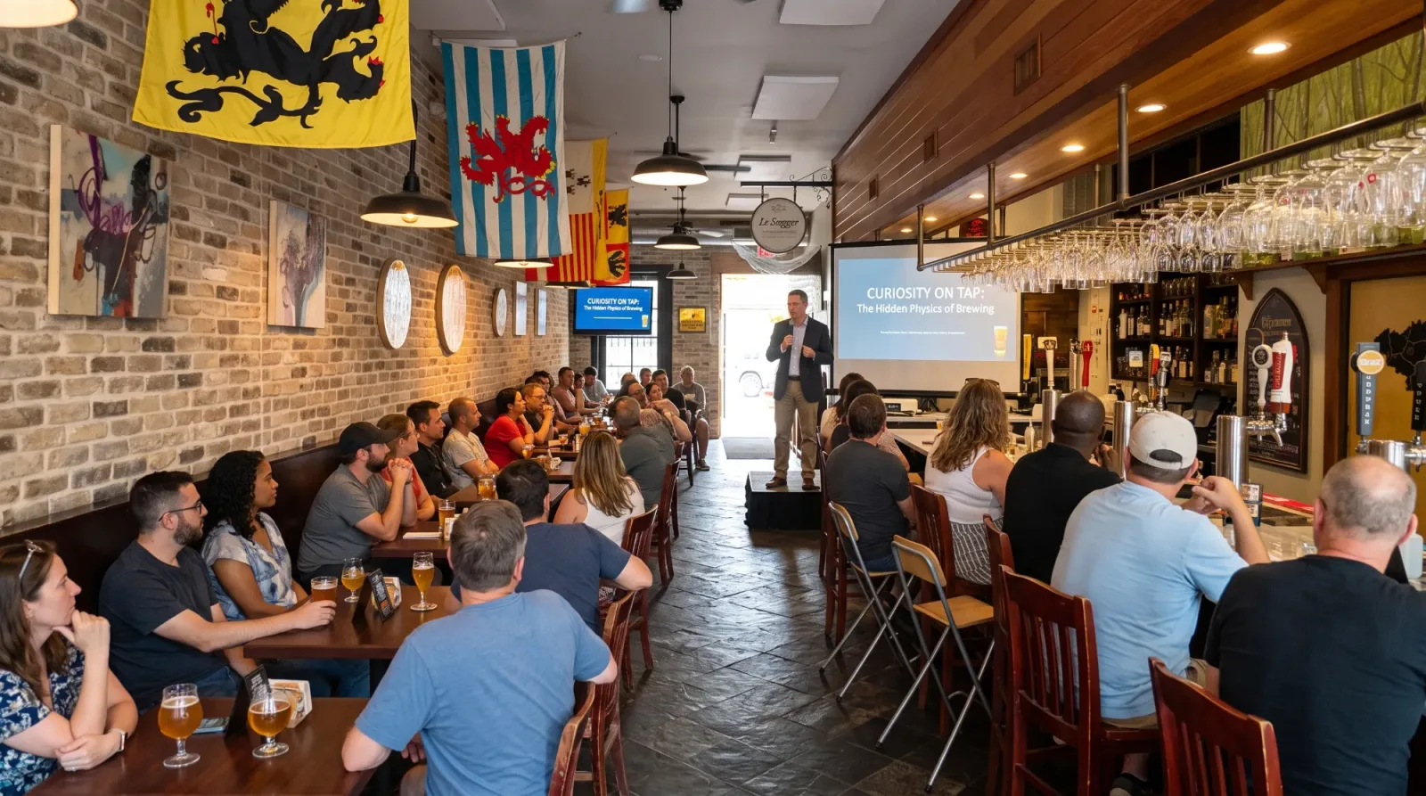 An evening at Curiosity on Tap as we picture it: a speaker with a microphone beside a projected slide, and a full room listening over Belgian beer.